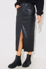 Leather Look Split Front Midi Skirt
