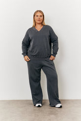 Grey Wash V Neck Split Hem Sweatshirt