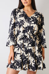 V Neck Balloon Sleeve Godet Mini Dress