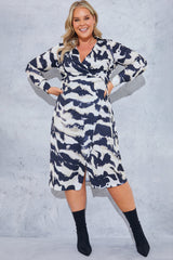 Monochrome Abstract Print Wrap Collared Midi Dress