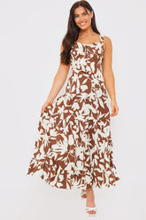 Floral Printed Tie Bust Tiered Maxi Dress