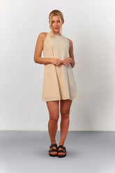 Stone Linen High Neck Sleeveless Smock Mini Dress