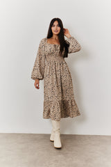 Floral Printed Tiered Midi Dress with Ruched Bust and Tie Front Detail