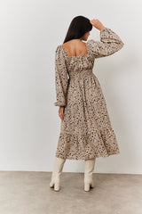 Floral Printed Tiered Midi Dress with Ruched Bust and Tie Front Detail