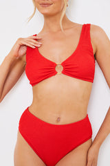 Textured Scoop Neck Ring Detail Bikini Top