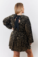 Gold Velvet Sequin Bow Back Smock Dress