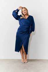 Navy Satin Wrap Midi Dress