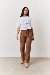Tan Faux Suede Straight Leg Trouser