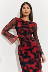 Abstract Print Mesh Open Back Detail Maxi Dress