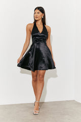 Plunge Halterneck Tie Back Satin Mini Dress