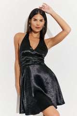 Plunge Halterneck Tie Back Satin Mini Dress