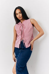 Red Seersucker Gingham Tie Front Top