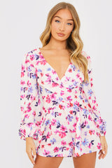 Floral Print Twist Front Balloon Sleeve Playsuit