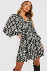 Geo Print Shirred Waist Skater Dress