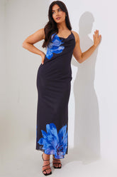 Mesh Floral Halterneck Cowl Maxi Dress
