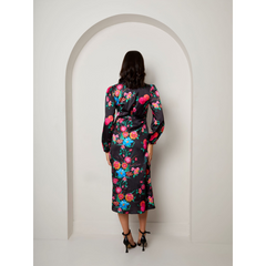 Long Sleeve Floral Wrap Dress in Black
