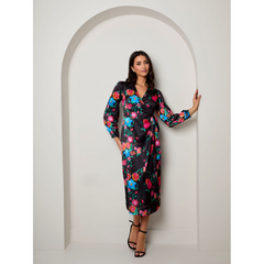 Long Sleeve Floral Wrap Dress in Black