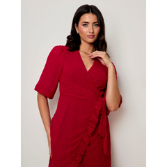 Puff Sleeve Dobby Ruffle Wrap Mini Dress in Red