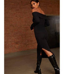 Chi Chi London Bardot Split Detail Midi Jumper Dress in Black