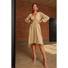 Long Sleeve Glitter Plisse Wrap Midi Dress in Gold