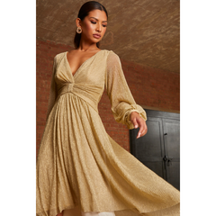 Long Sleeve Glitter Plisse Wrap Midi Dress in Gold