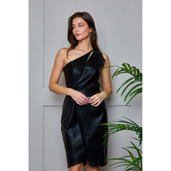 One Shoulder PU Cut Out Mini Dress in Black