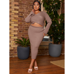 Plus Size Rib Knit Midi Skirt in Mocha