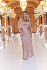 Rose Pink Satin Cowl Back Maxi Dress