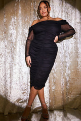 Mesh Bardot Ruched Midi Dress