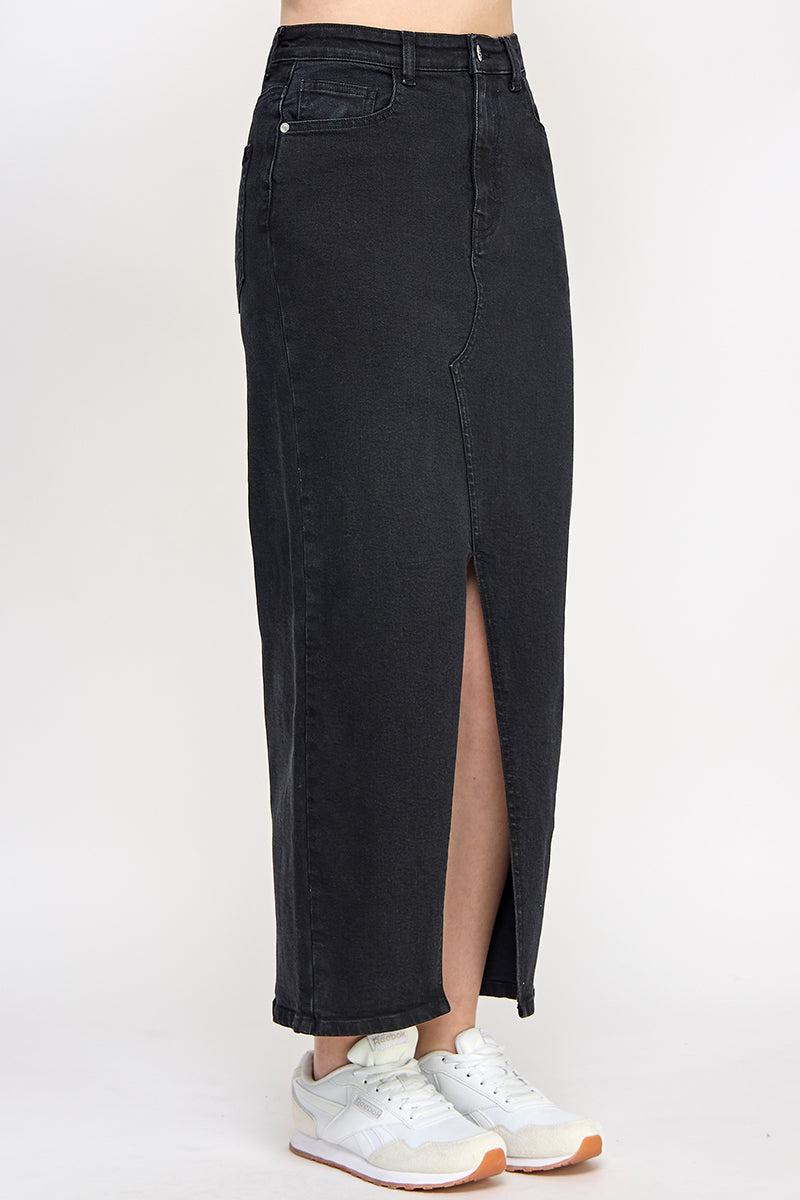 Washed Split Detail Denim Maxi Skirt