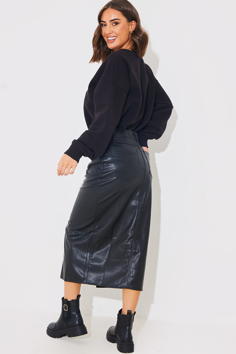Leather Look Split Front Midi Skirt