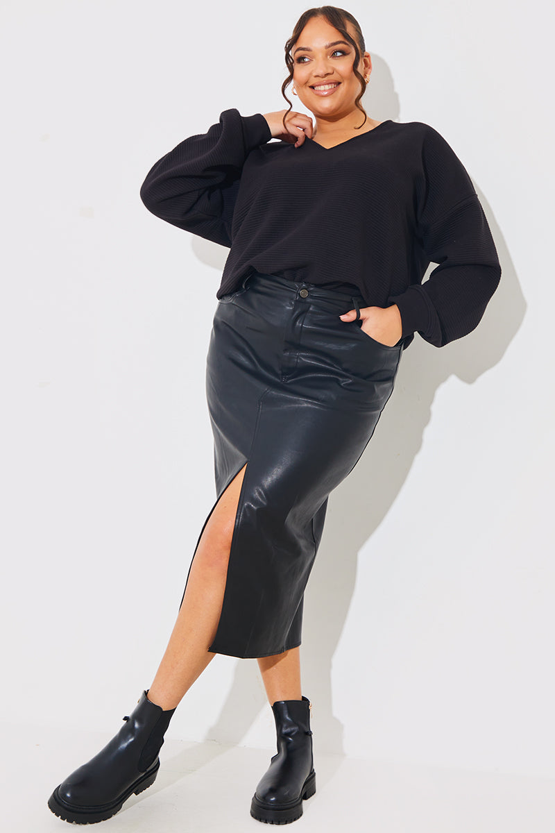 Leather Look Split Front Midi Skirt