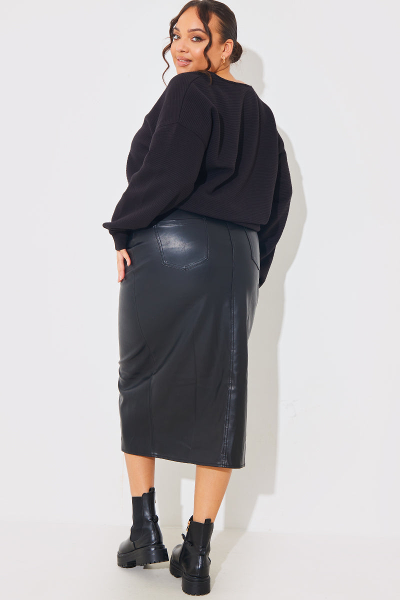 Leather Look Split Front Midi Skirt