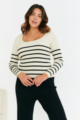 Rib Knit Stripe Scoop Neck Long Sleeve Top