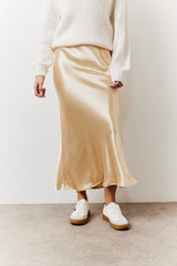 Gold Satin Midi Skirt