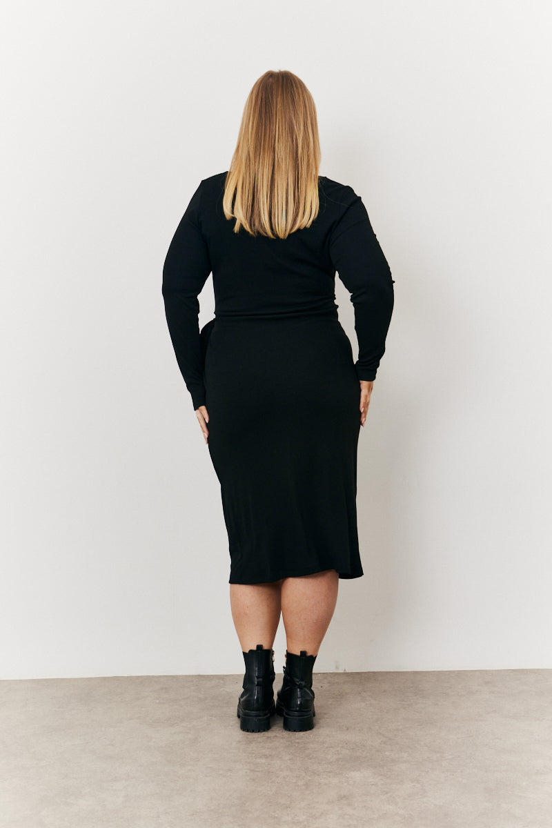 Scoop Neck Ribbed Long Sleeve Bodycon Wrap Midi Dress