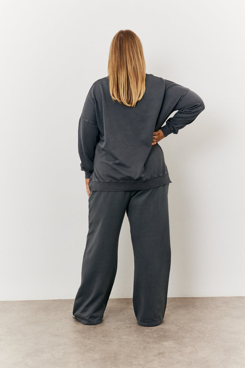 Grey Wash V Neck Split Hem Sweatshirt
