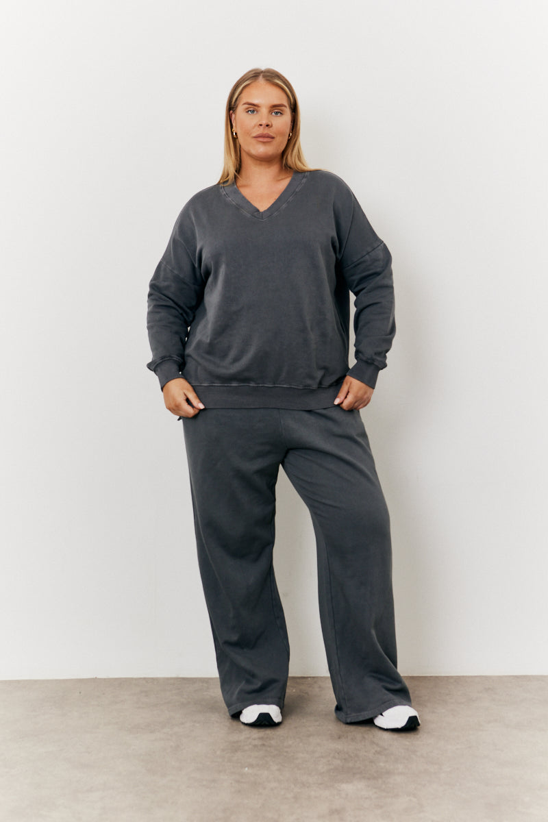 Grey Wash V Neck Split Hem Sweatshirt