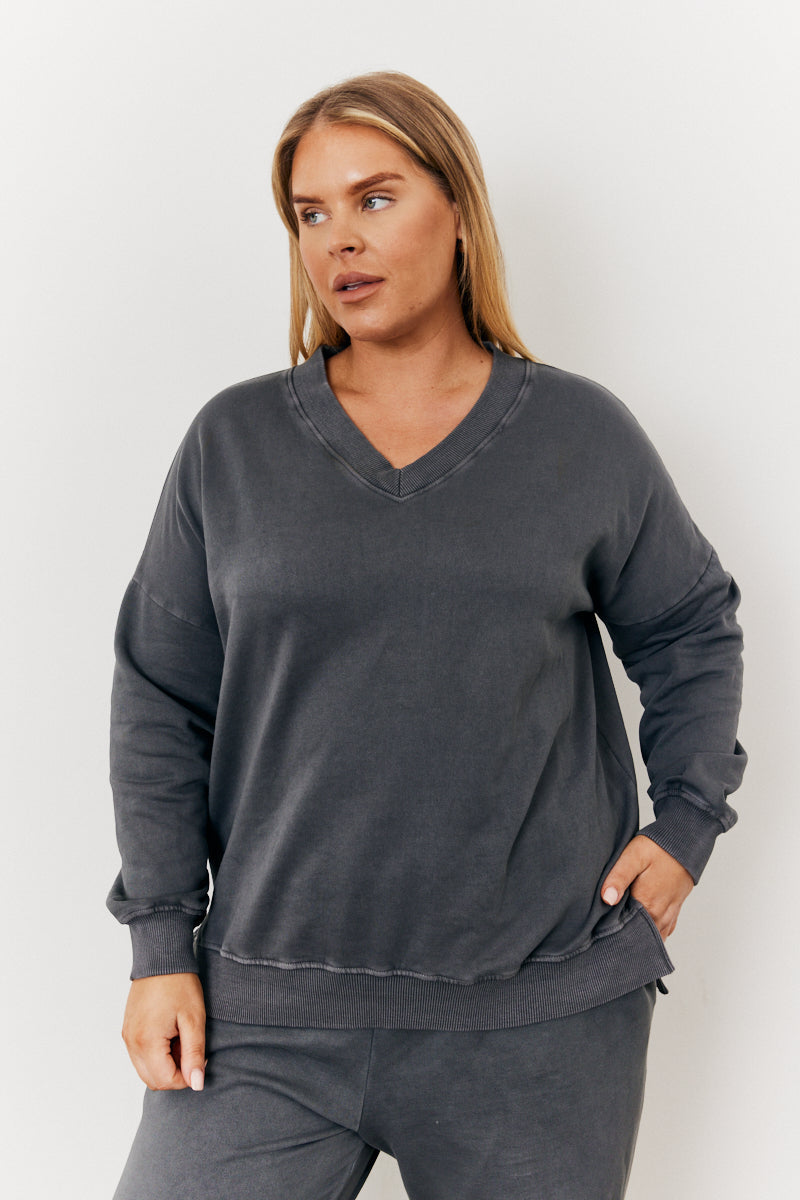 Grey Wash V Neck Split Hem Sweatshirt