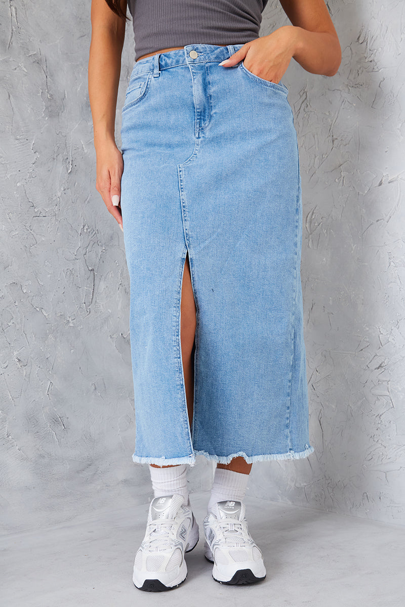 Denim Split Detail Midi Skirt