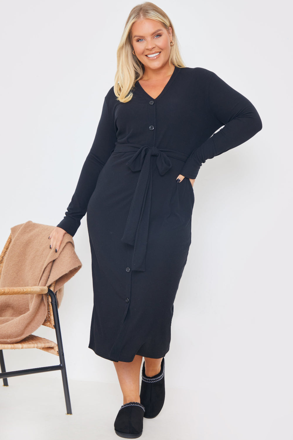 Ribbed Belted Midi Dress