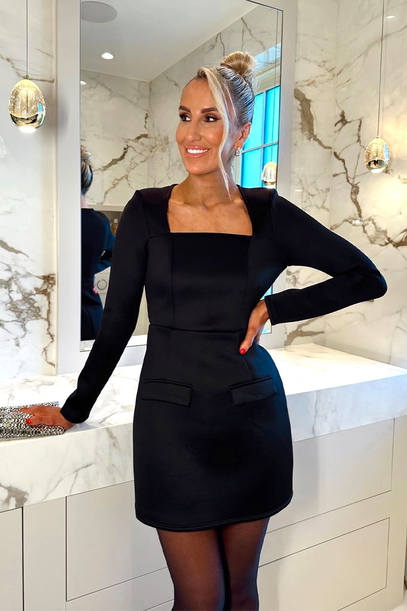 Square Neck Cinched Waist Structured Mini Dress
