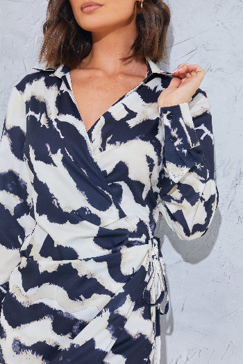 Monochrome Abstract Print Wrap Collared Midi Dress