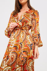 Plunge Balloon Sleeve Belted Midi Dress