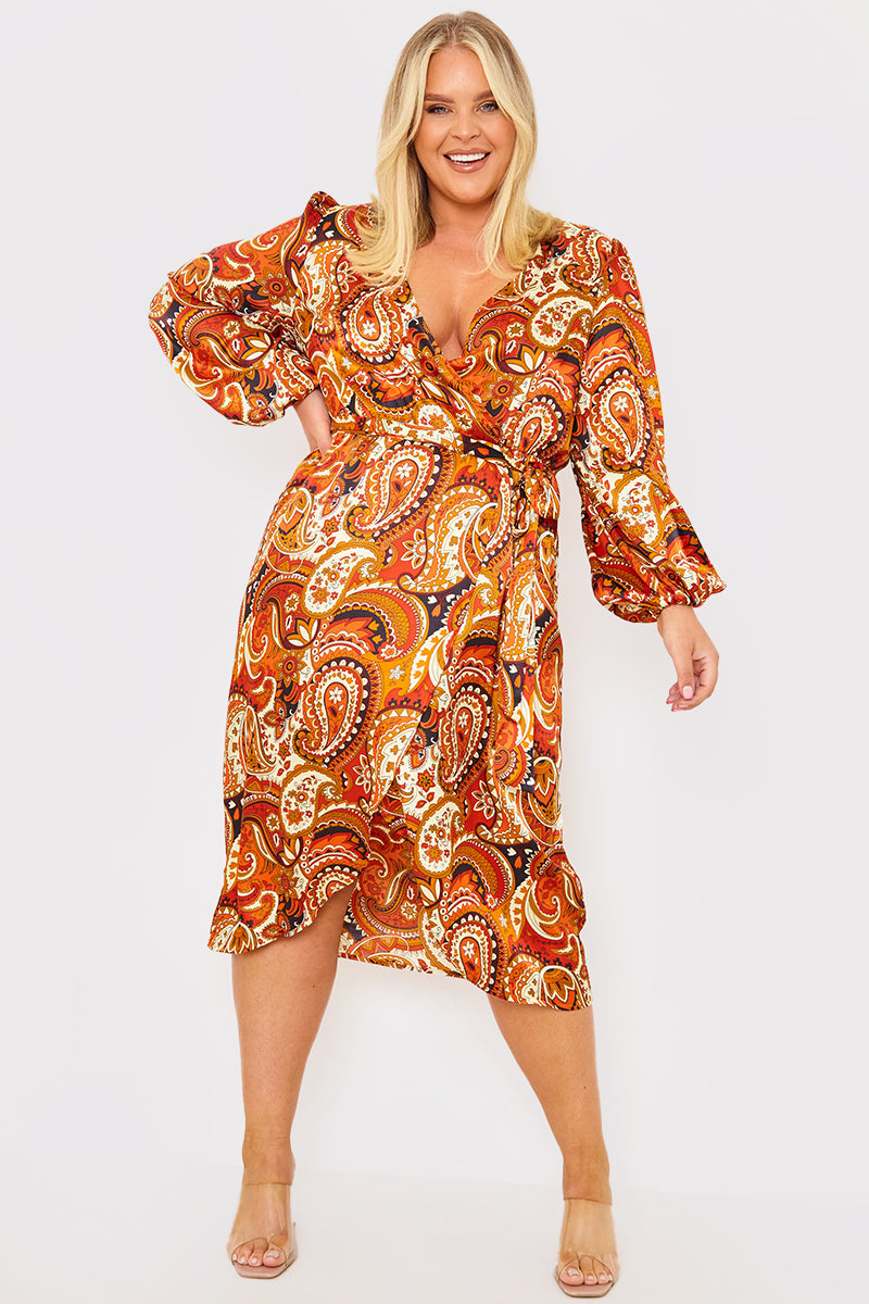 Plunge Balloon Sleeve Belted Midi Dress