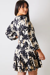 V Neck Balloon Sleeve Godet Mini Dress