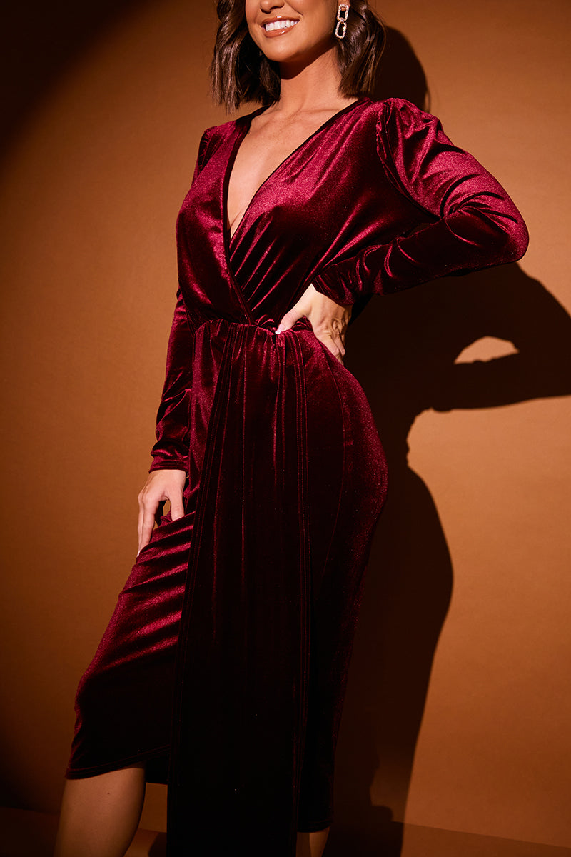 Velvet Wrap Front Drape Midi Dress