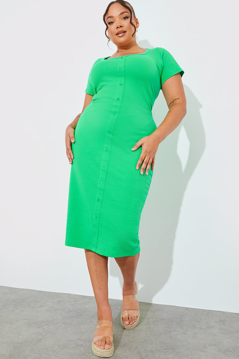 Ribbed Button Through Short Sleeve Midaxi Dress