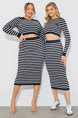 Rib Knit Stripe High Waisted Co-Ord Midi Skirt
