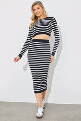 Rib Knit Stripe High Waisted Co-Ord Midi Skirt